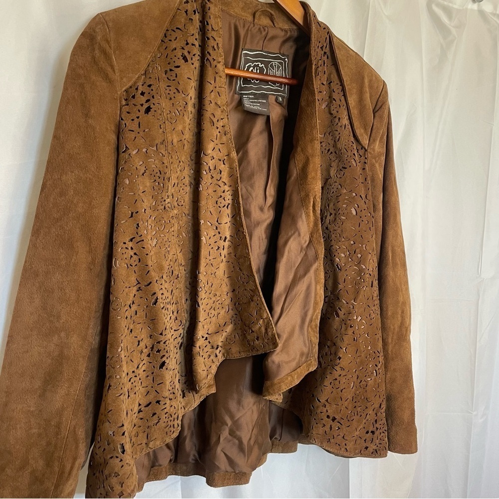 CHI BY FALCHI Women’s Brown Leather Jacket Open Front Cut Out Size Small - Picture 3 of 17
